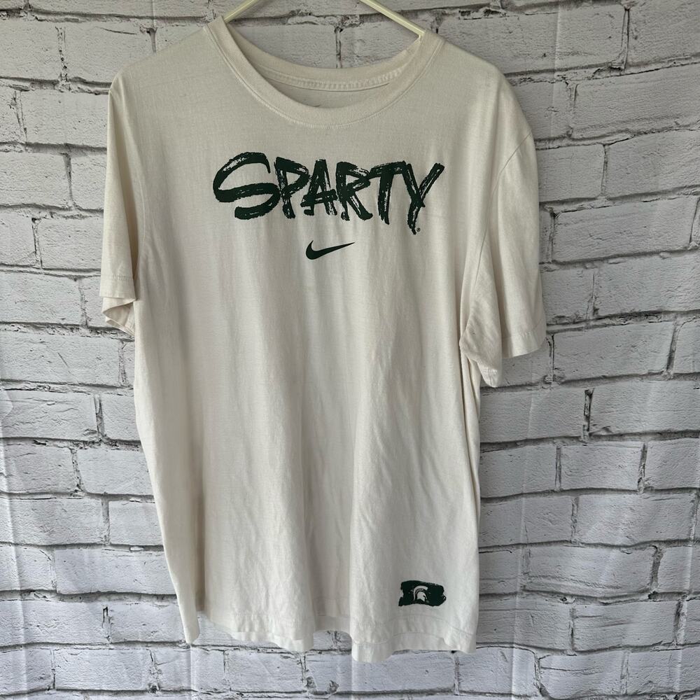 Preowned Nike XL Sparty Michigan State Spartans MSU Tri Verb TShirt White Green
